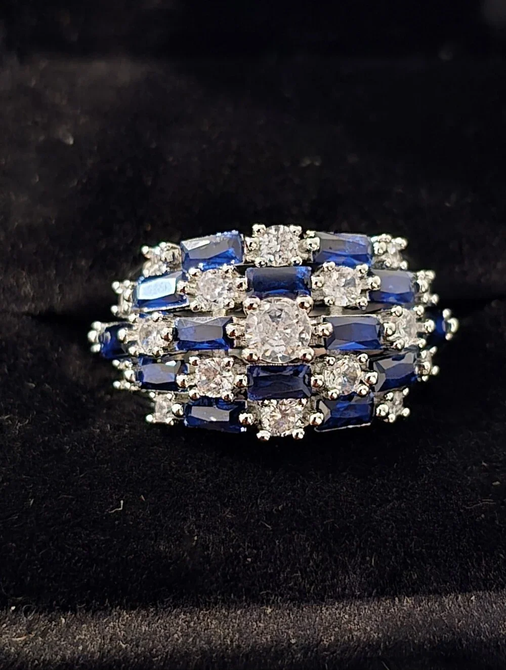 Vintage Deco Size 7 Sapphire Blue Baguette Ring Silver Tone Cocktail Statement